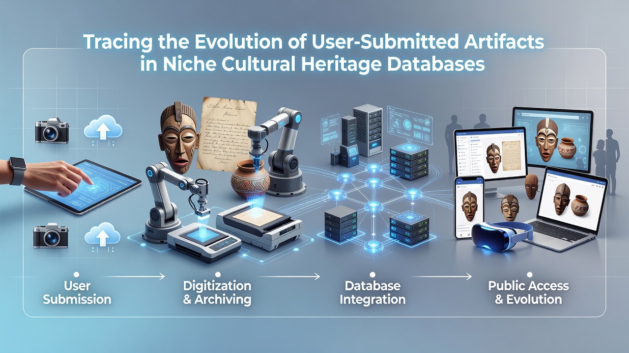 Modern crowdsourced database dashboard displaying tagged artifacts, user contribution statistics, and verification workflow steps